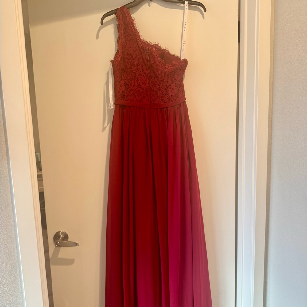 Azazie Demi Burgundy A-Line One Shoulder Chiffon Dress - Picture 6 of 9